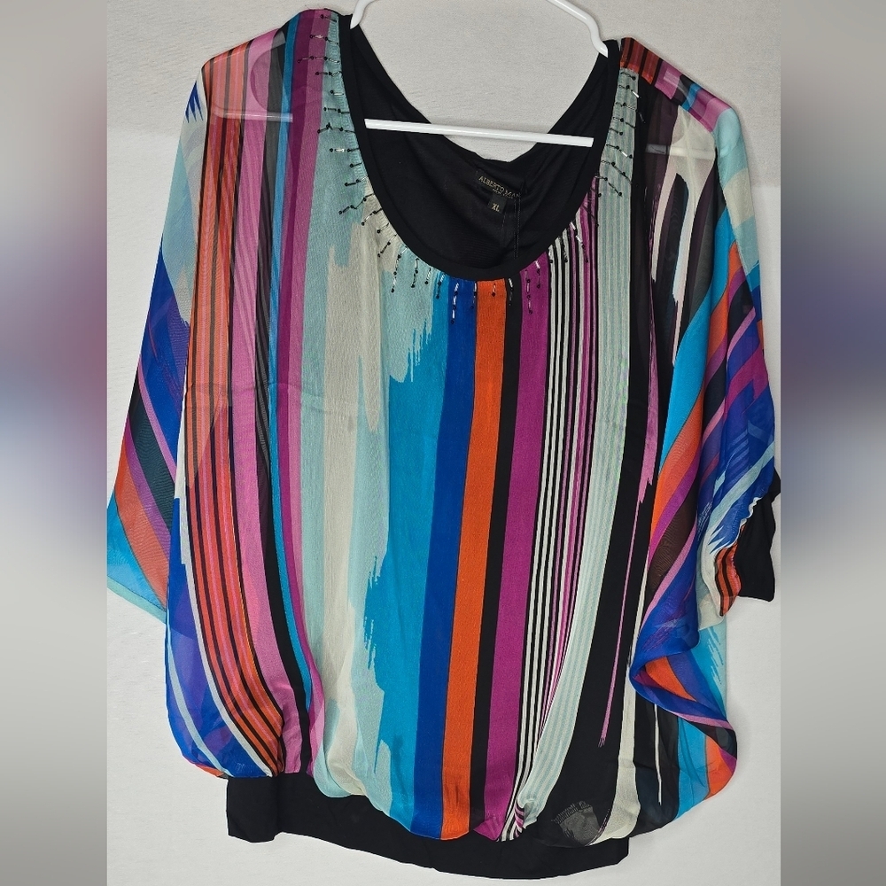 NWT ALBERTO MAKALI Sheer Size XL Multi Color Blouse Beaded